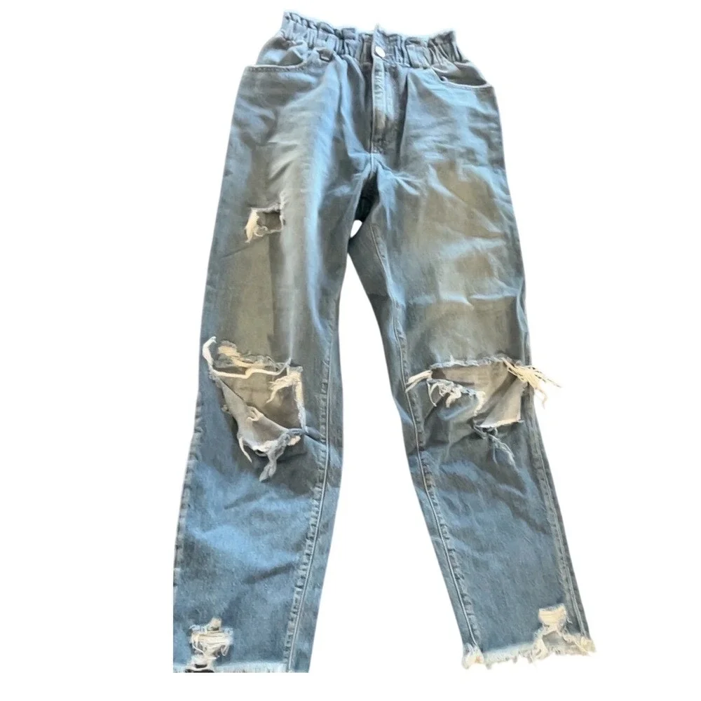 Kancan Distressed Denim Jeans Paperbag Waist Ripped Frayed Hems Light‎ Wash